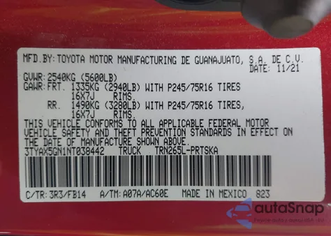 2022 Toyota Tacoma Sr из США, поврежденный, VIN 3TYAX5GN1NT038442